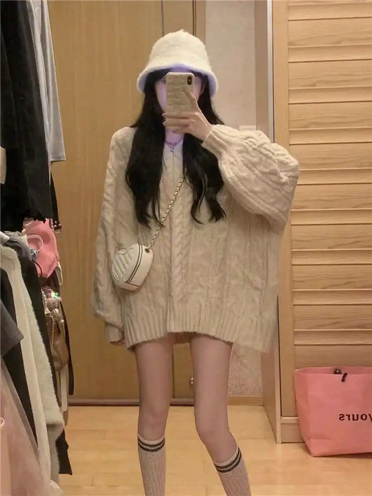 الوردي الخريف الشتاء Thiened الدافئة V-ne لينة الملتوية سترة المرأة فضفاضة محبوك أعلى الكورية Sle عارضة Faion البوليستر... #2