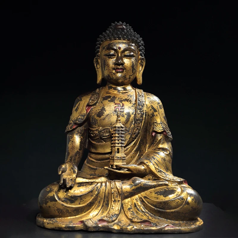 

Old Bronze Gilded Cinnabar Mud gold Shakyamuni Buddha Pagoda Glass Medicine Buddha Amitabha Buddha Worship Hall