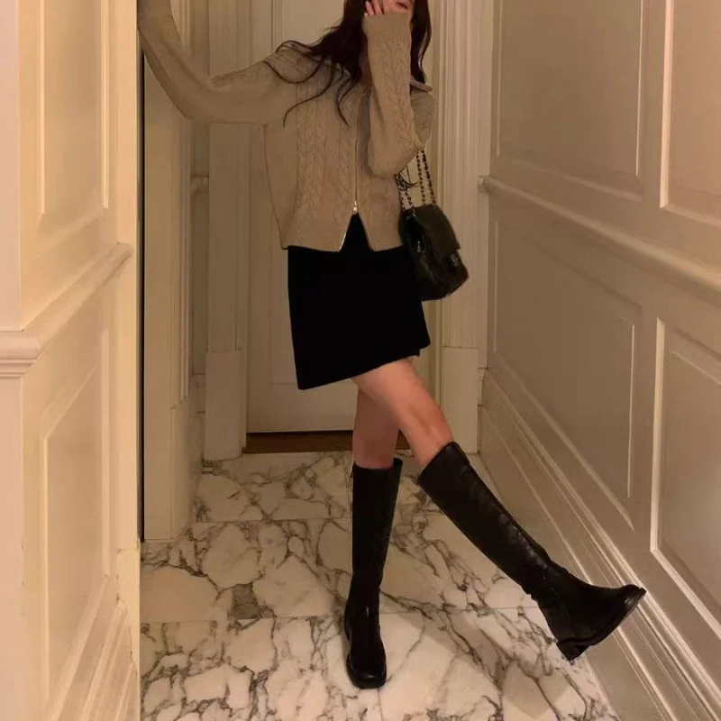 Cardigan 100% laine pour femme, Double fermeture éclair, col rabattu, couche extérieure, manteau épais en cachemire, nouvelle collection automne/hiver