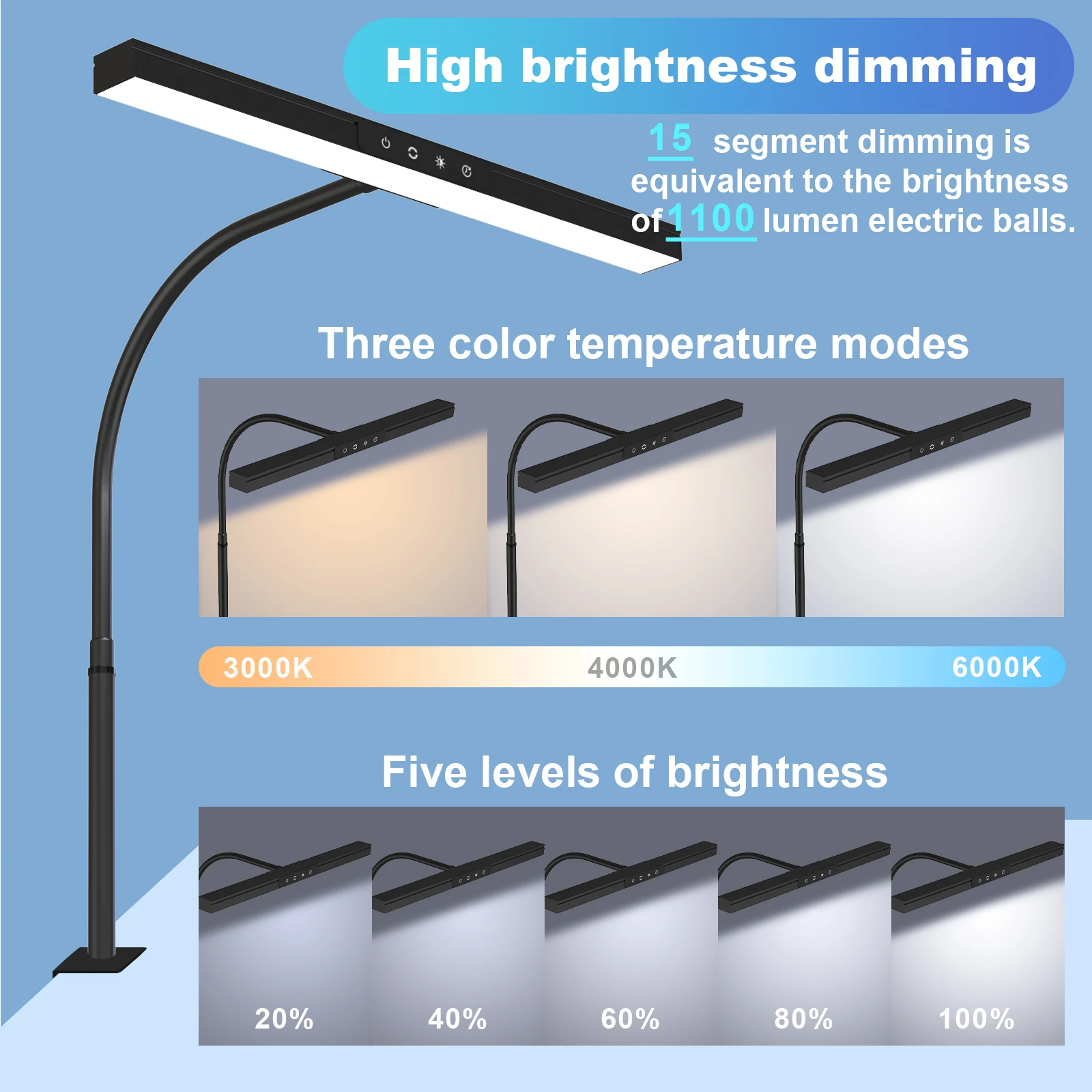 Desk Lamp LED Dimmable 12W 40CM Desk Lamp Clampable Eye Protection Table Lamp Monitor Office Desk Lamp Gooseneck Clamp Light