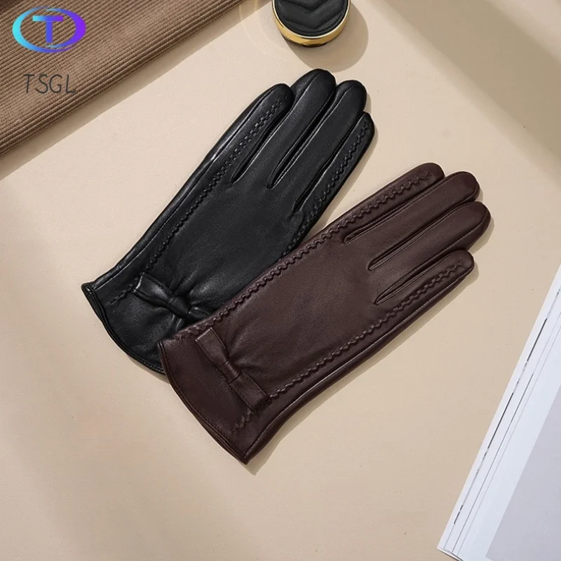 

Fashion Winter Real Leather Gloves Women Black Brown Genuine Sheepskin Gloves Fleece Lining Warm Soft Fashion