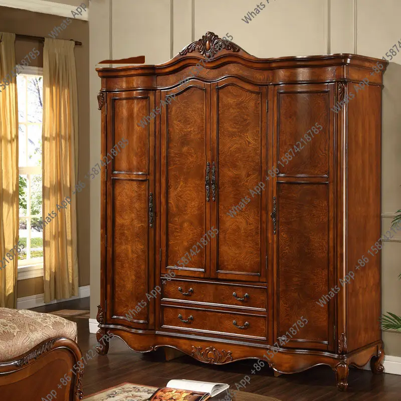 

American solid wood double-door wardrobe European carved small apartment bedroom storage wardrobe four doors