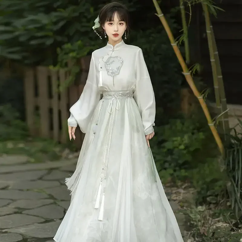 여성용 모던 선풍기 자수 긴팔 한푸 탑 스커트, 우아한 티 의류, Vestido Oriental, 2023 가을 하이 퀄리티