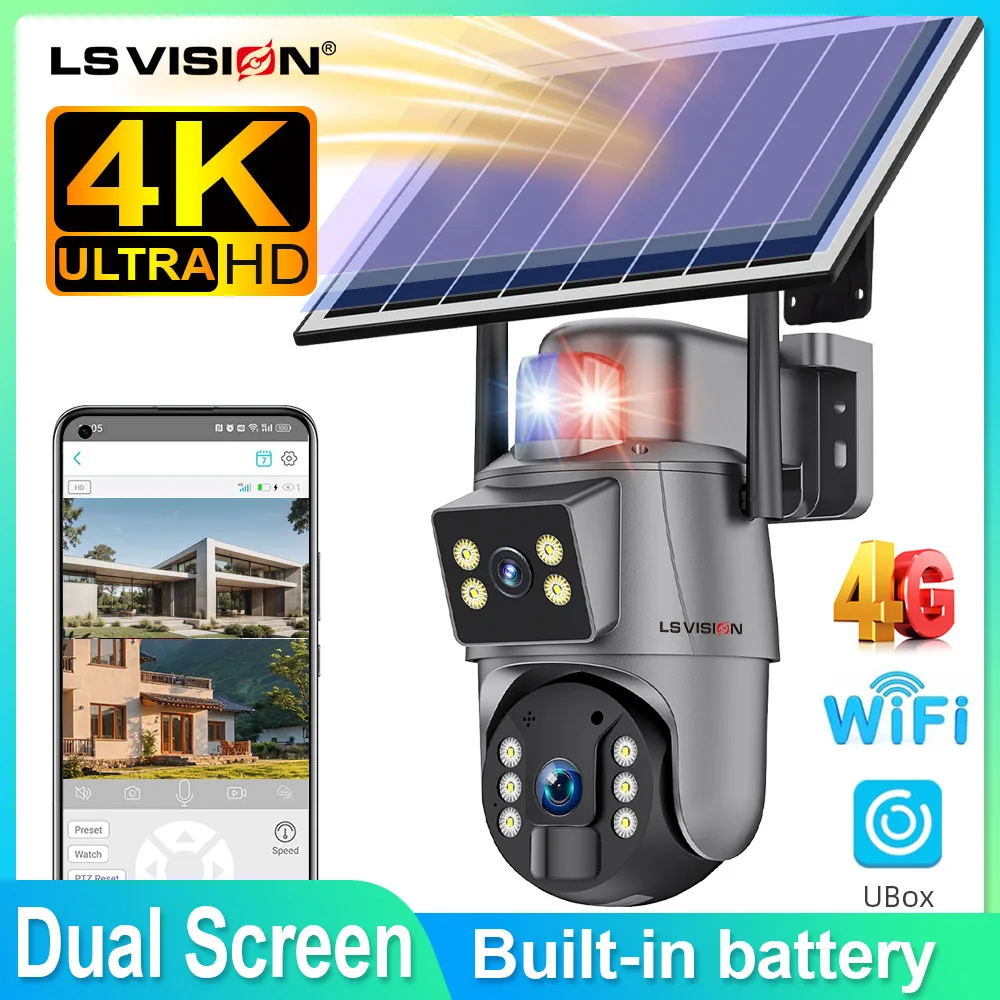 

LS VISION 4K Dual Screen Solar Camera Wireless Outdoor 4G/WiFi Human Auto Tracking External 8mp Surveillance Cameras Ubox App