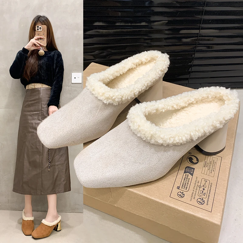 Winter Women Thick-high-heels square head suede plush Outerwear keep warm Slippers boots Fashion Comfortable outdoor/home Shoes
