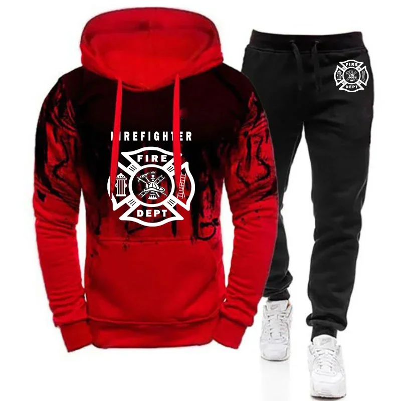 2024 Spring Autumn Man's Firefighter Rescue Team Logo Print Popular Gradient Color Hoodies+Sweatpants High Quality Sports Sets