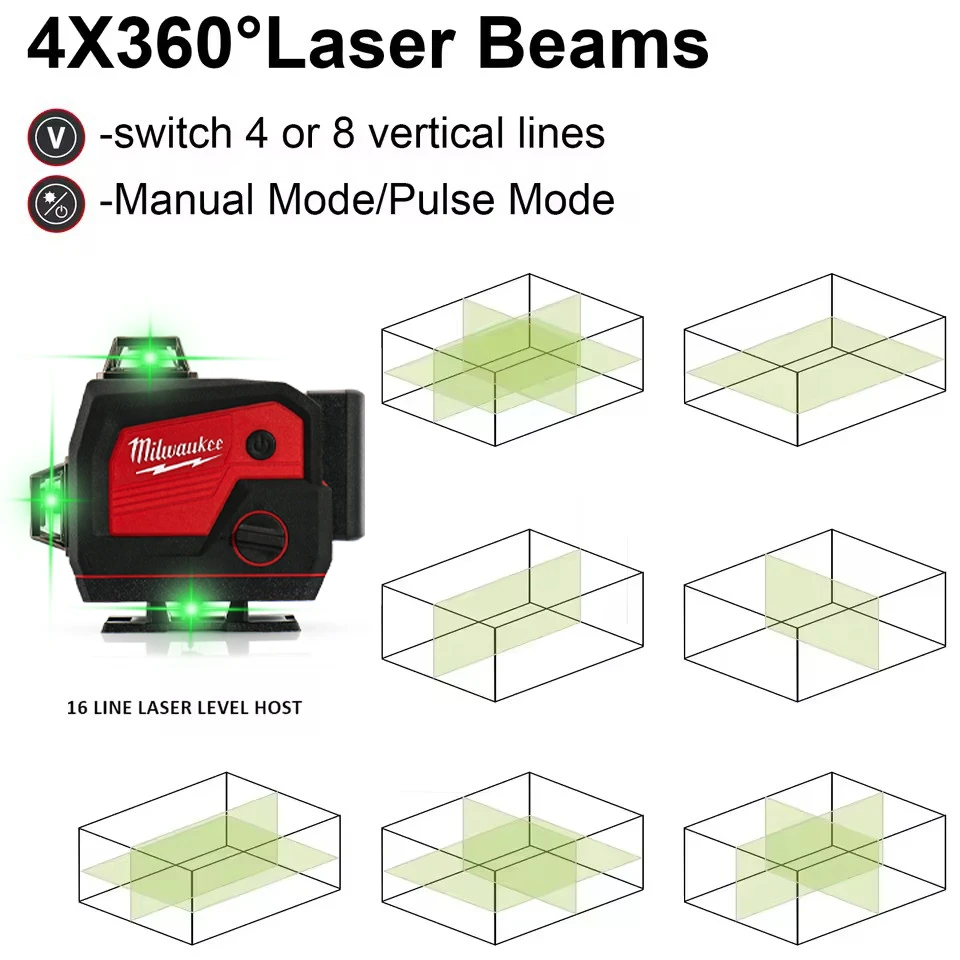 Milwaukee 16 Lines 360° 4D Green Light Self-Leveling Laser Levels with Bluetooth speaker Horizontal And Vertical Cross Line Tool