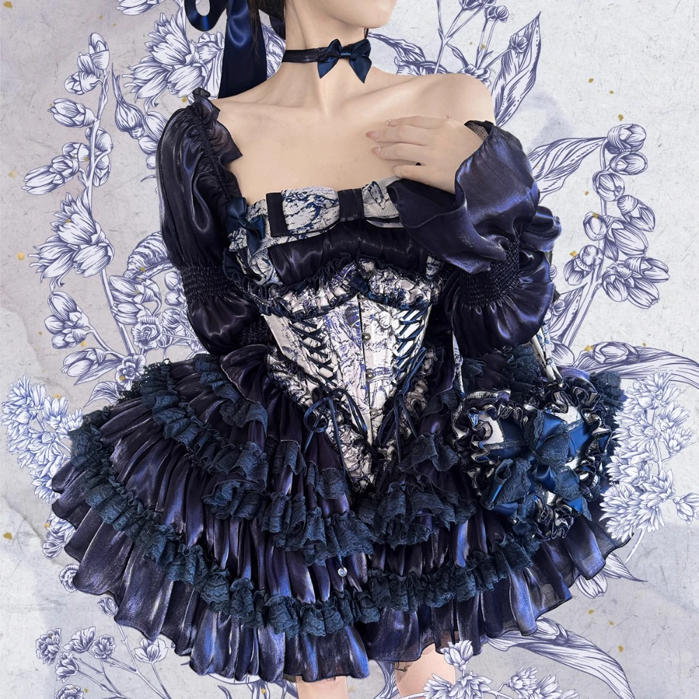 Elegante high-end socialite princesa festa de aniversário vestido curto 3d arco renda emendado em camadas doce kawaii lolita vestido para mulher