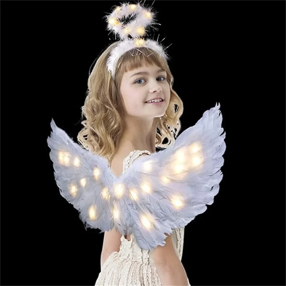 Alas y Halo de Ángel LED para niñas y mujeres, Halo de Ángel iluminado, hada blanca, disfraz de Navidad de alas de Cupido, diadema de Ángel