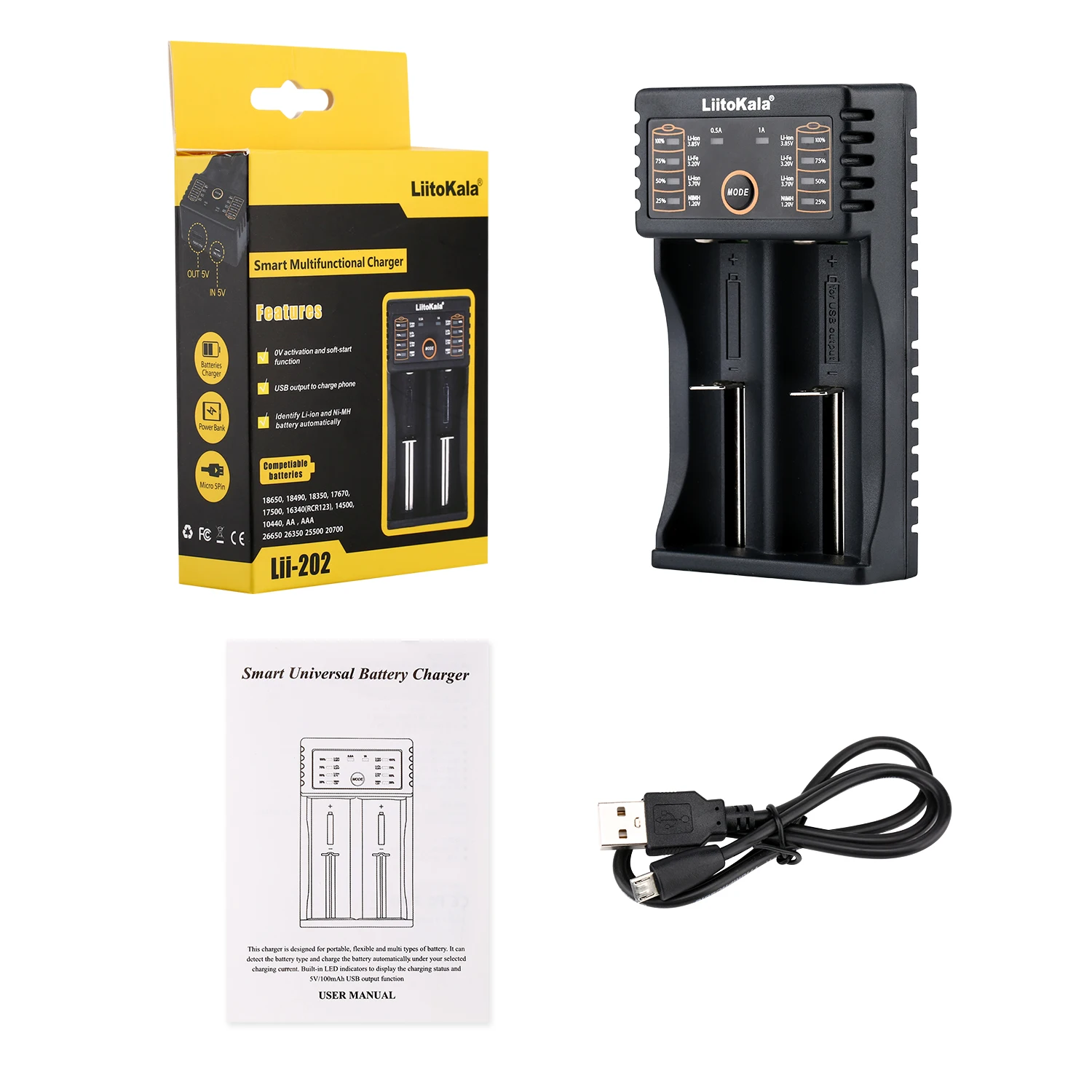 LiitoKala Lii-202 Battery Charger for 18650, 21700, 20700, 26650, 14500, 16340 NiMH & Li-Ion Batteries -1.2V 3.7V Multi-Voltage