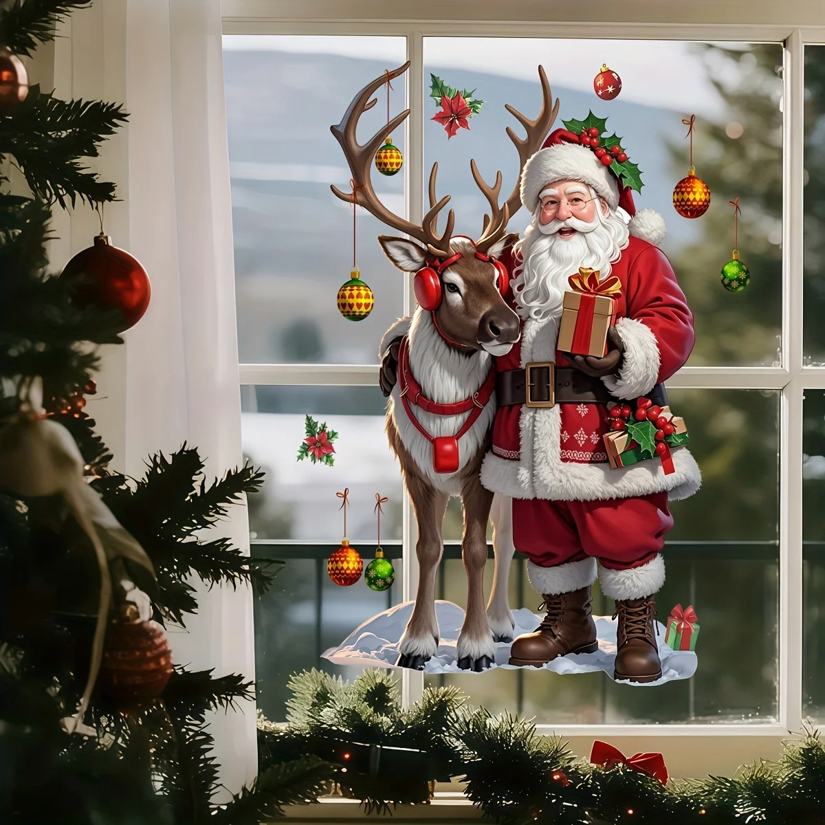 1 Stück niedlicher Weihnachts-Weihnachtsmann-Milu-Hirsch-Fensteraufkleber, abnehmbares PVC, Urlaubsdekoration für Schlafzimmer, Badezimmer, Kinderzimmer, Heimdekoration