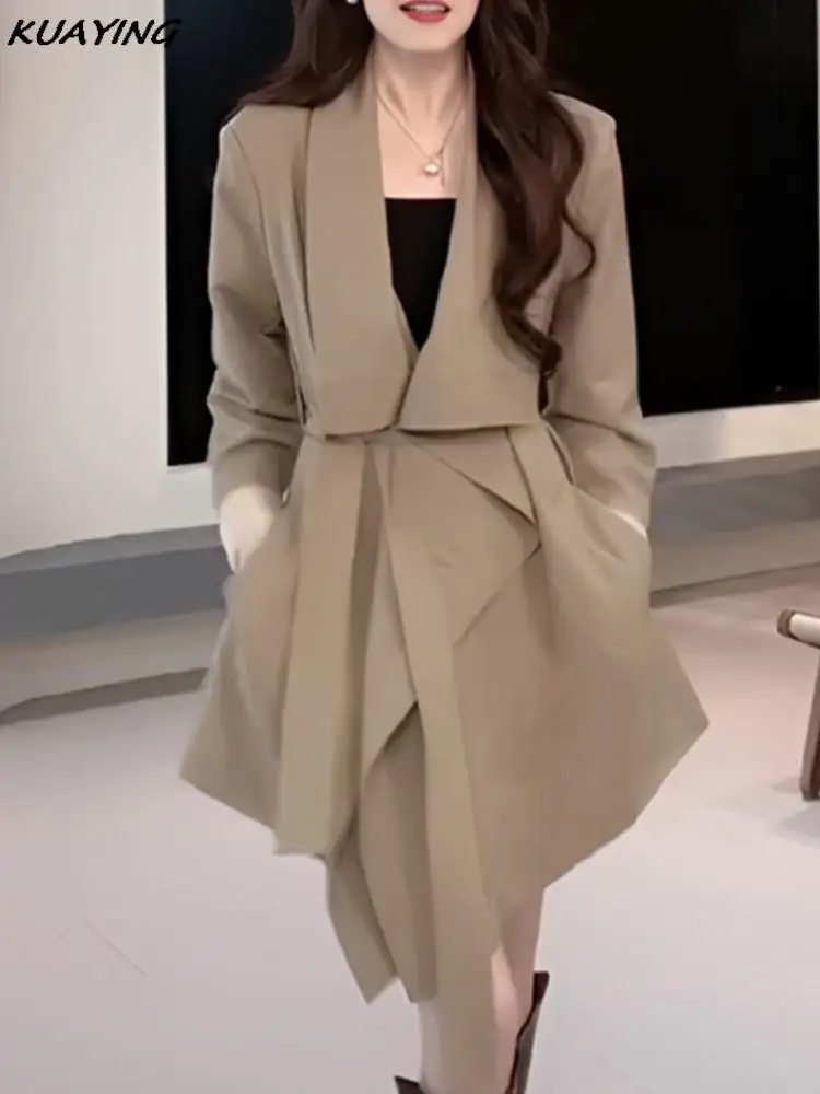 Herbst Vintage unregelmäßigen Trenchcoat Mode Langarm Turn-Down-Kragen lose Midi Schnür-Top solide weibliche Freizeit kleidung neu