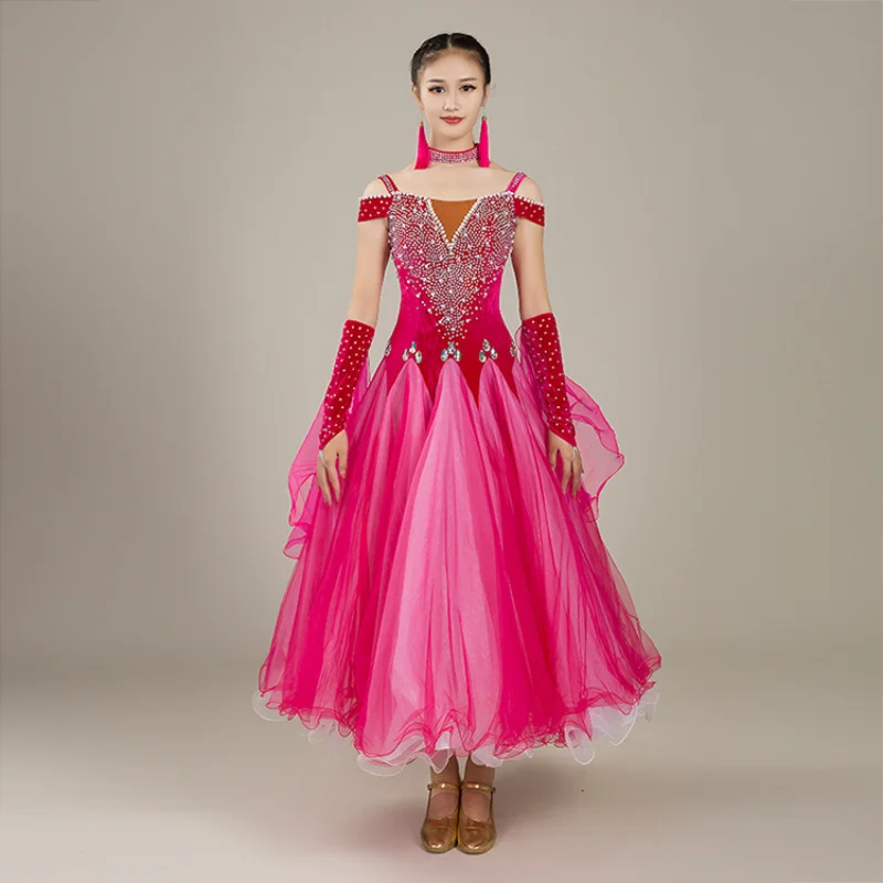 Elegante abito da ballo da sala con perle per donna Competizione professionale Performance Valzer Tango Abbigliamento da ballo standard