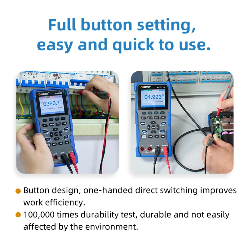 OWON HDS120 Digital Oscilloscope Multimeter 2-in-1 20000 Counts True RMS Tester 1MHz 5MS/s Automatic Range 18650 Lithium Battery