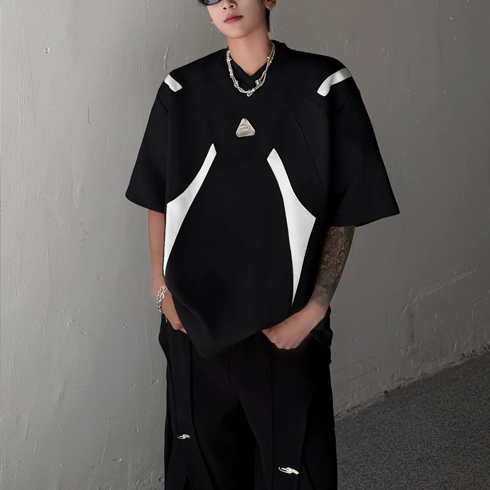Mens Color Block Deconstructed Padded Shoulder T Shirt Streetwear Fashion Youth Outdoor Short Sleeve Top Men'S Clothing 2026 New