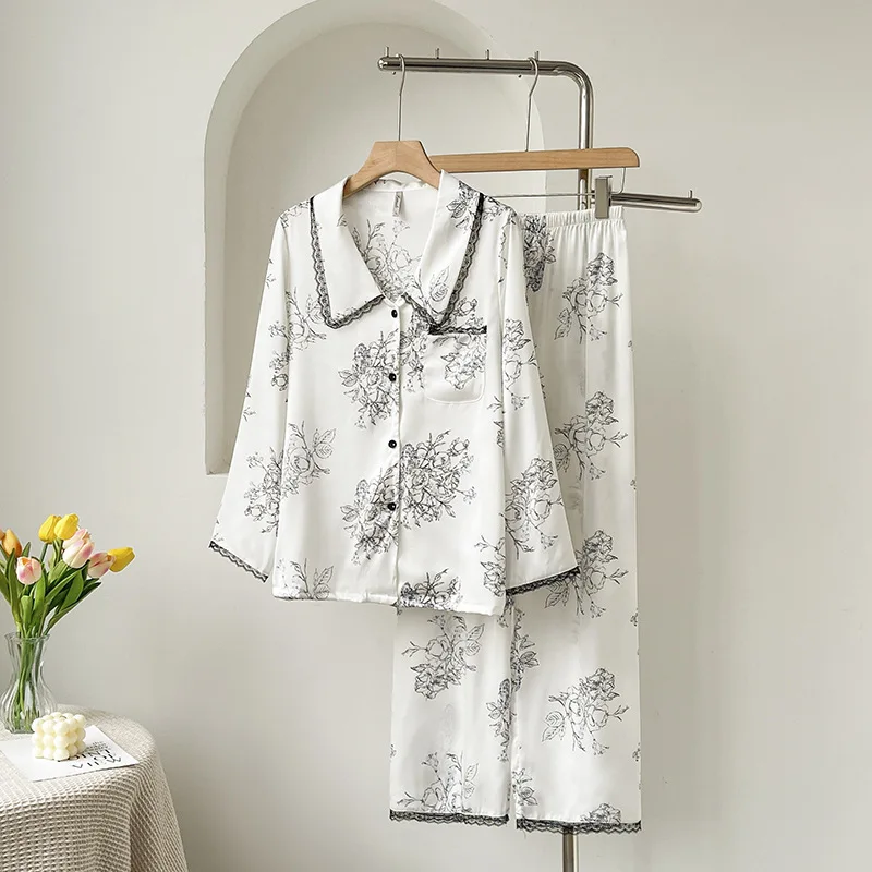 

2025 Print Female 2pcs Pajamas Set Sleepwear Spring Summer Silky Satin Nightwear Pijamas Trouser Suits Loose Casual Home Wear