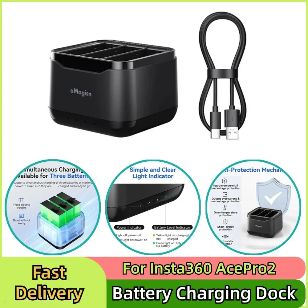 For Insta360 AcePro2 Battery Charger With 3 Battery Channels Charging Box With USB Port Charging Dock For Insta360