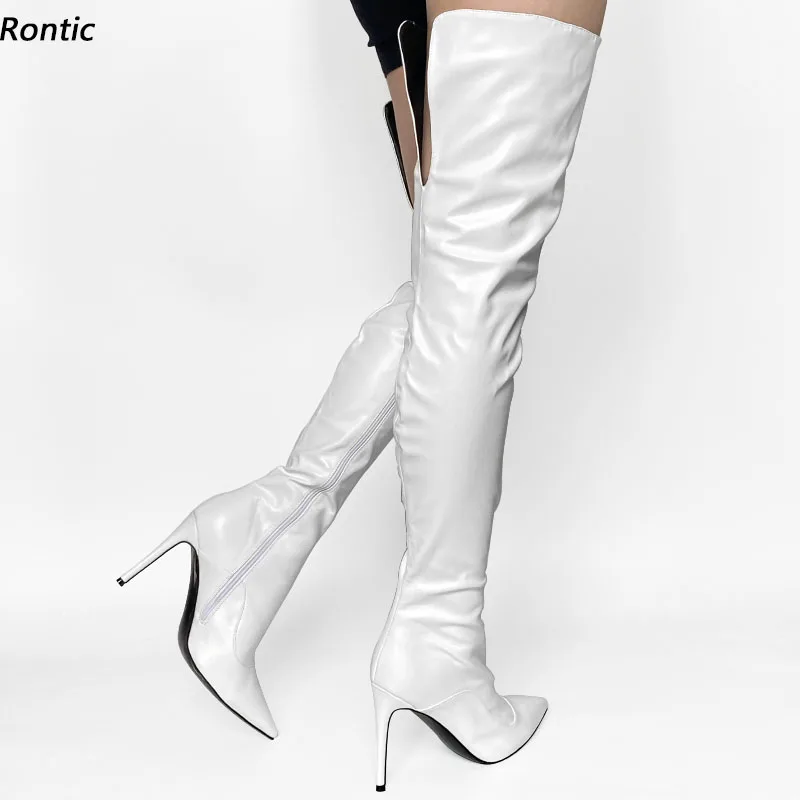 

Rontic/Новые модные женские зимние сапоги до бедра, красивая белая обувь для вечеринок на высоком каблуке-шпильке с острым носком, размер США 5-15