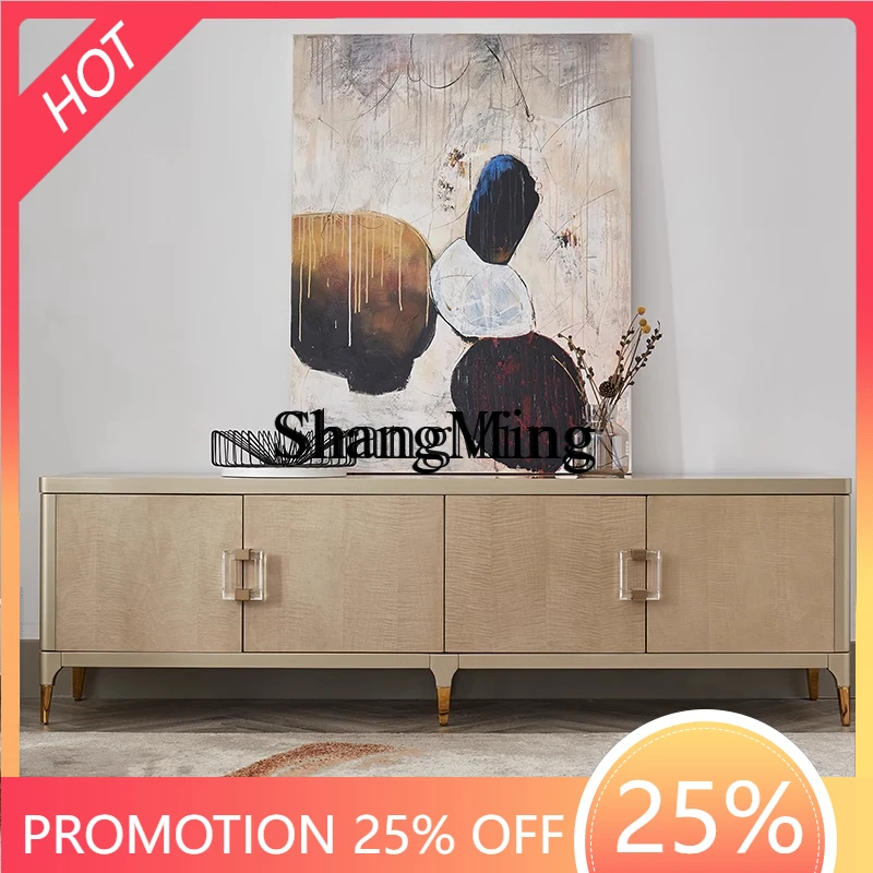 

Тумба под телевизор в современном стиле, из массива дерева, с отделкой из кожи, четырехдверная, напольная, для гостиной, в стиле лайт-люкс.