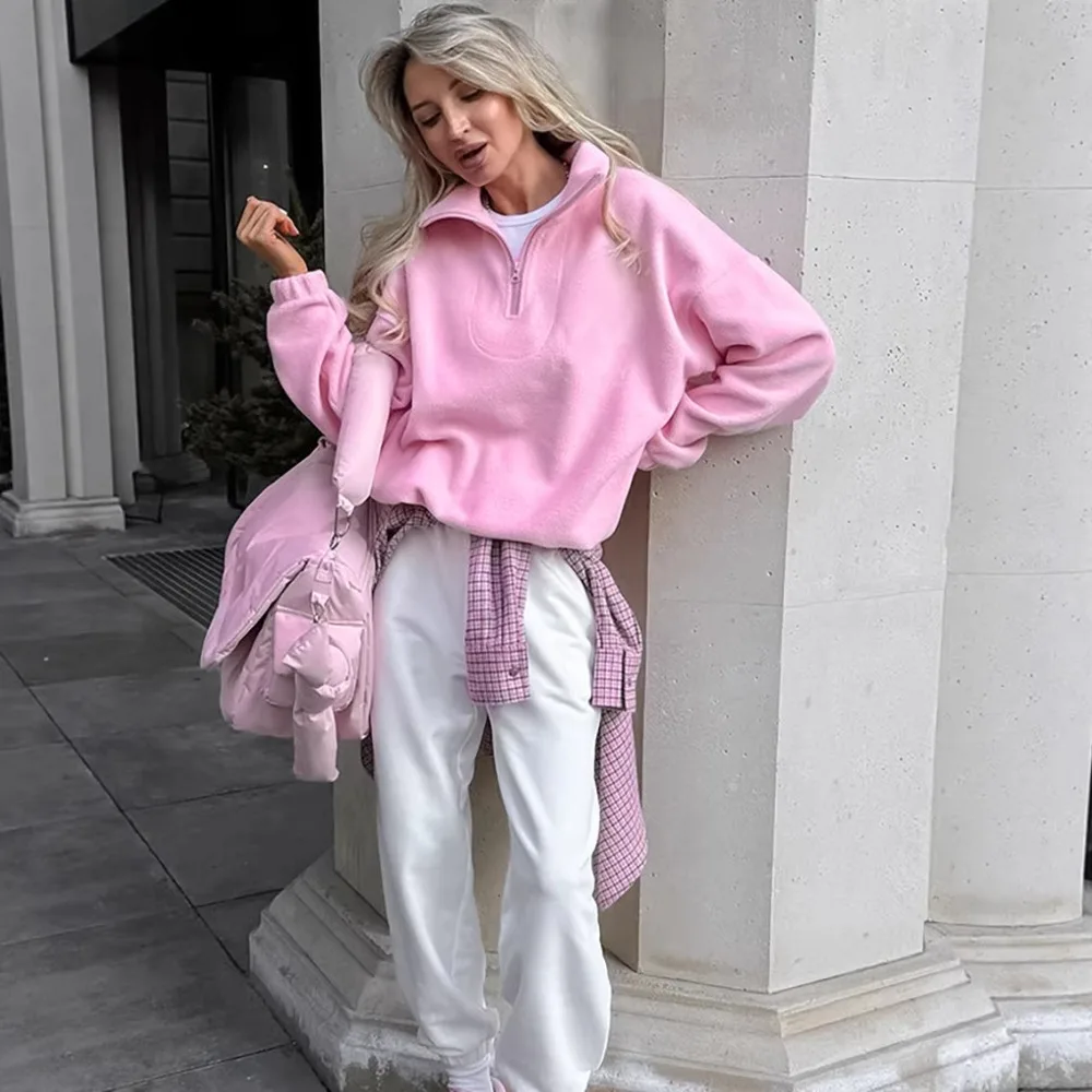 2026Women Autumn Winter Fleece Hoodies Elegant Stand Collar Zipper Loose Sweatshirt Elegant Solid Pullover Casual Top Streetwear
