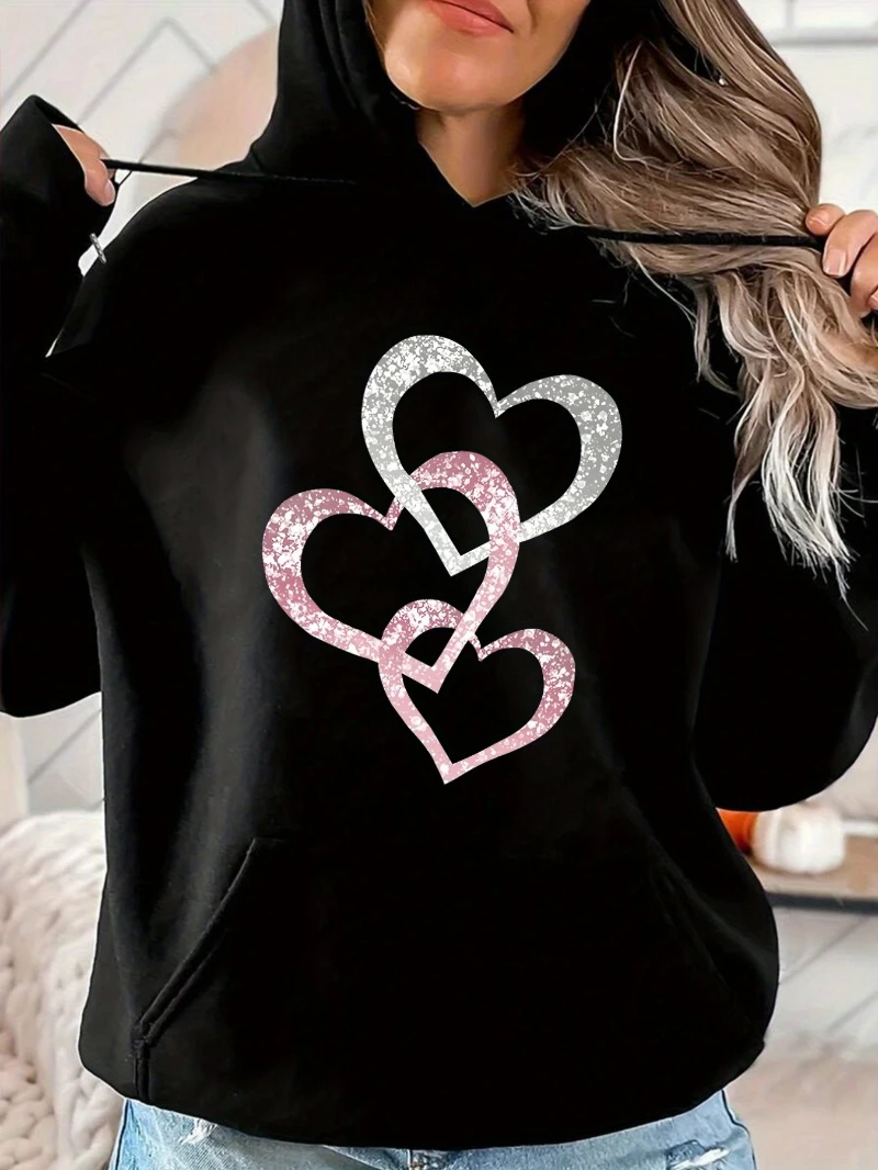 

2025 Autumn and Winter Women's Black Glitter Heart Print Hooded Sweatshirt High-end Luxury Is for Both Men and Women Top Y2k