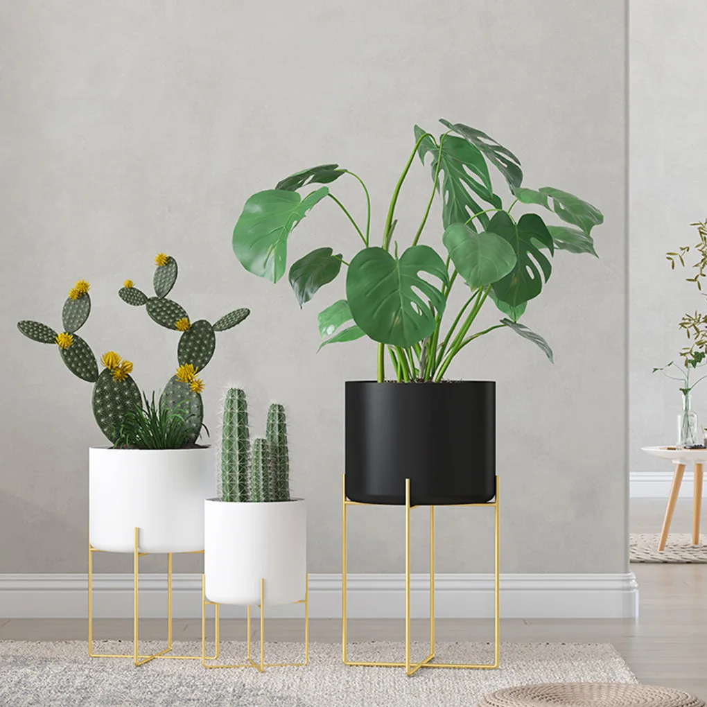 Gold Plant Stand with Pot Floor Type Flowerpot Metal Planter Black