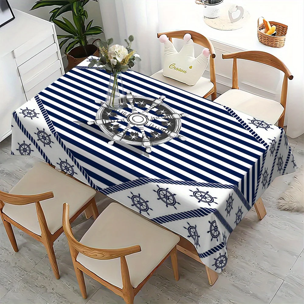 1 Stück Polyester-Tischdecke, Tischdecke mit nautischem Motiv, Tischdecke mit Kompassmuster, gewebte rechteckige Tischdecke
