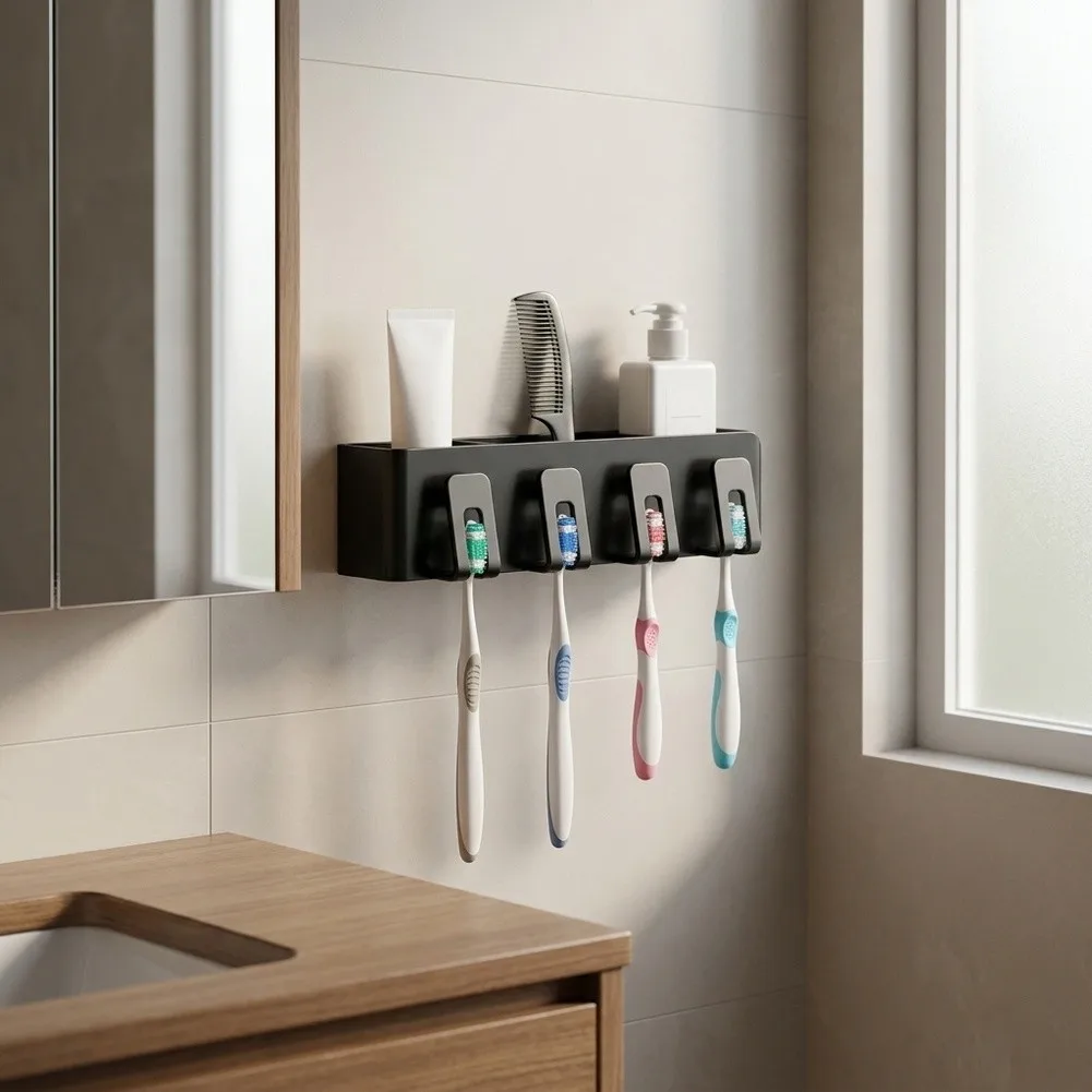 Black Wall Mounted Toothbrush Organizer for Electric Toothbrushes 4 Slot Design with Multi Section Storage 35x6x8cm Carbon Steel