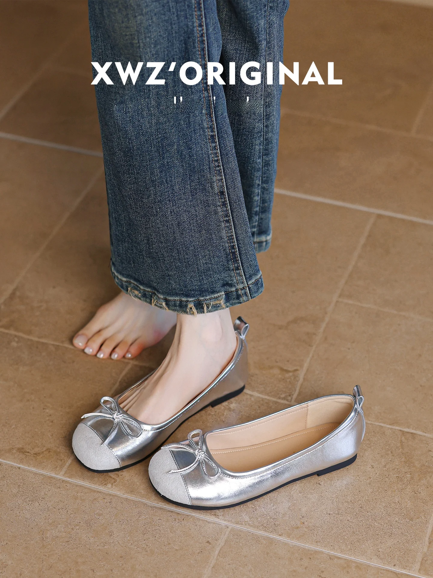 silver-knot-flat-bottom-leather-women's-shoes-soft-sole-ballet-flats-commute-versatile-round-toe-rubber-outsole