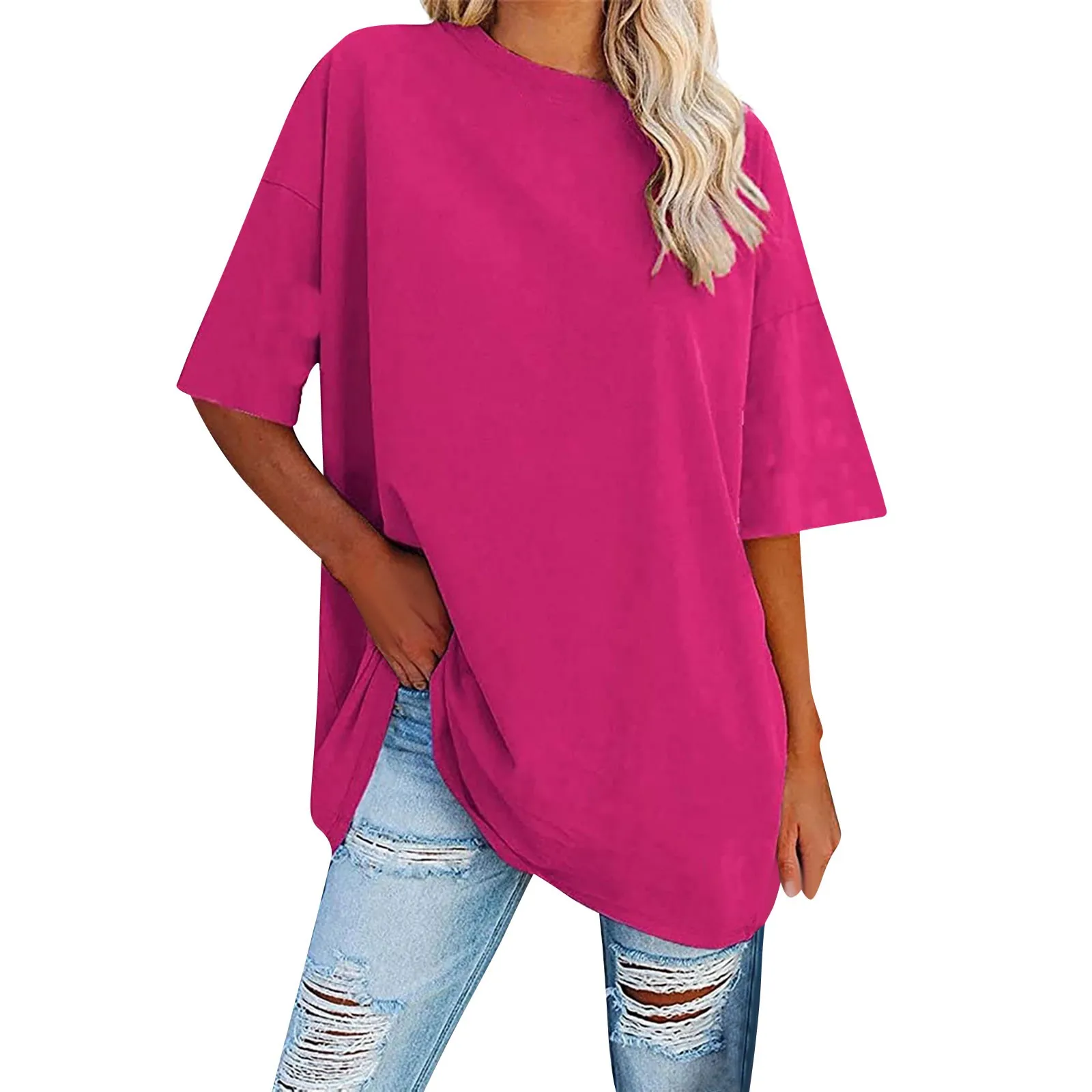 2024 New Women\'s Plus Size T Shirts Oversized Solid Color Tees Summer Short Sleeve Loose Tunic Tops