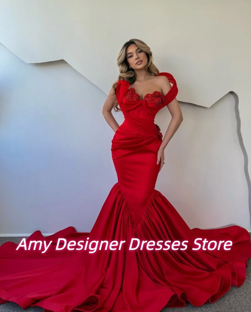 ชุดราตรีสีแดงทรงเมอร์เมดสำหรับผู้หญิง สไตล์ซาอุดิอาระเบีย เปิดไหล่ ชุดออกงานหรูหรา สามารถสั่งตัดได้