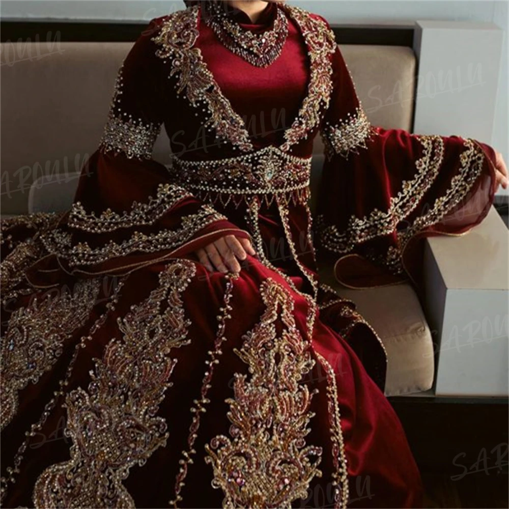 Exquisite Beaded Sultan Women Prom Dress Long Flare Sleeve High Neck Vintage Royal Evening Formal Gown Caftan Dress فساتين السه