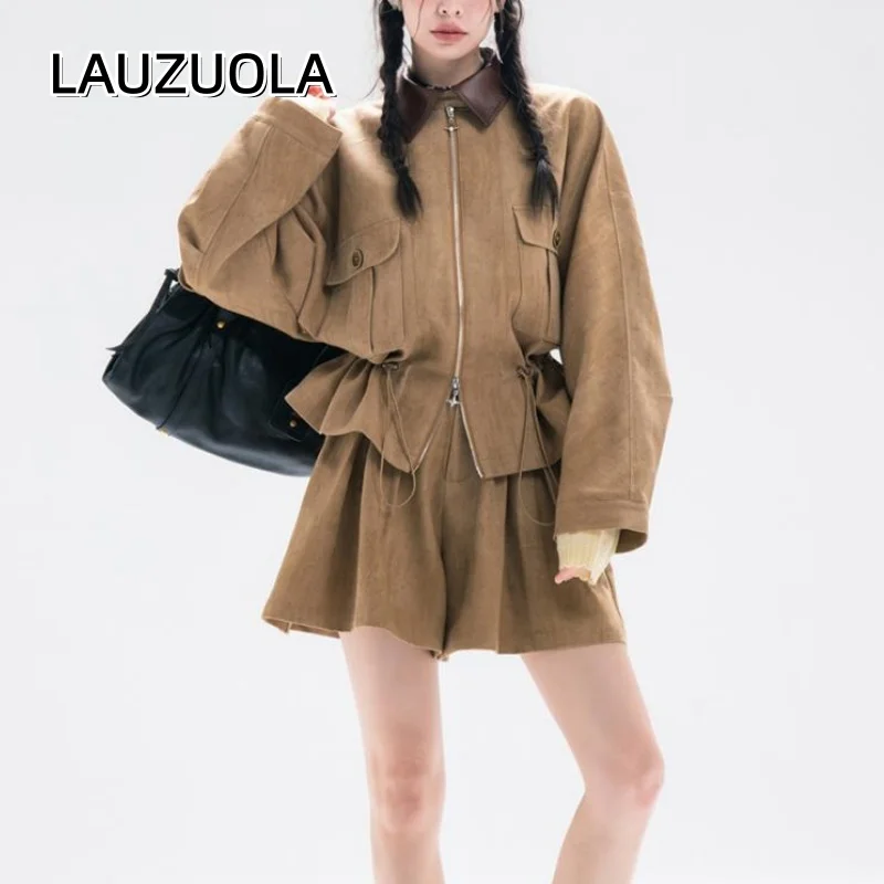 

2 Piece Women Drawstring Ruffle Cropped Jacket And Wide Leg Shorts Suit Outfits 2025 New Autumn Winter Fashion Short Pants Sets