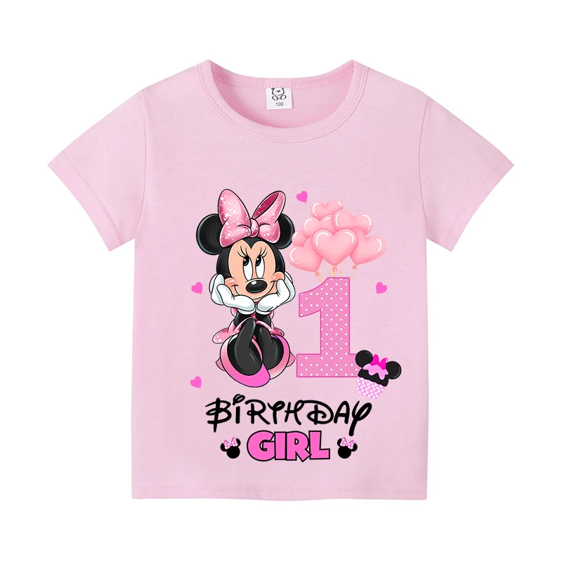 

Disney Minnie Mouse Birthday Digital T-shirt Cartoon Girl Party Clothing Summer Short Sleeved Cotton T-shirt Children's Gift