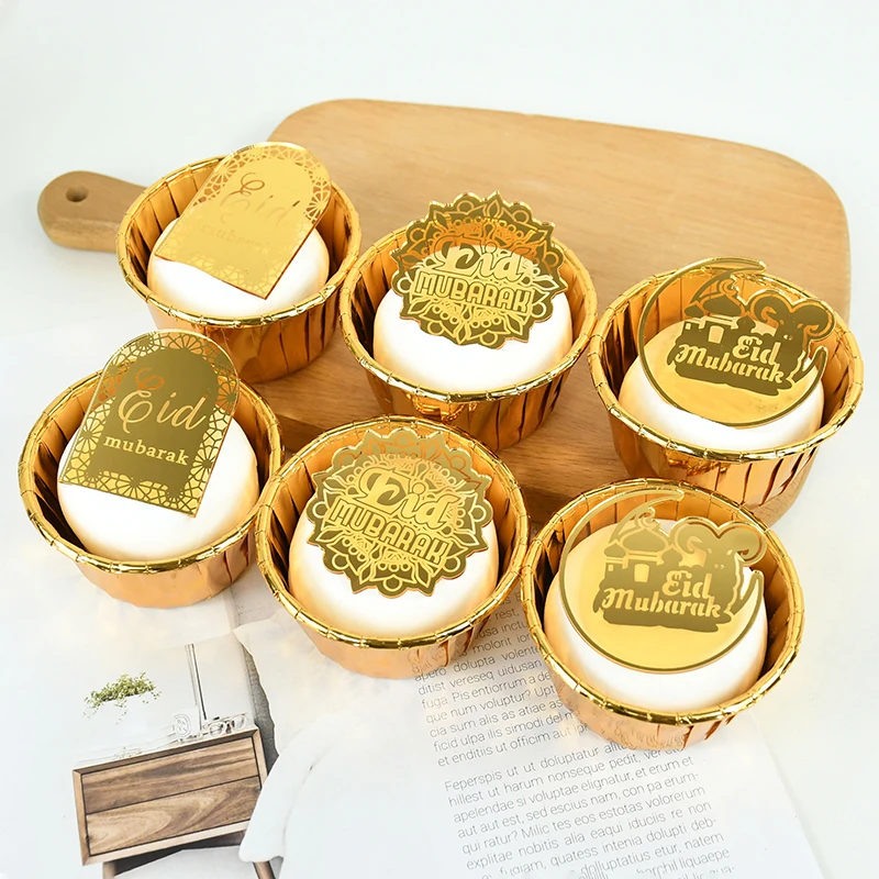 

10pcs Eid Mubarak Acrylic Cupcake Topper Gold Castle Moon Cake Toppers Ramadan Kareem Islamic Muslim Festival Party Decorations