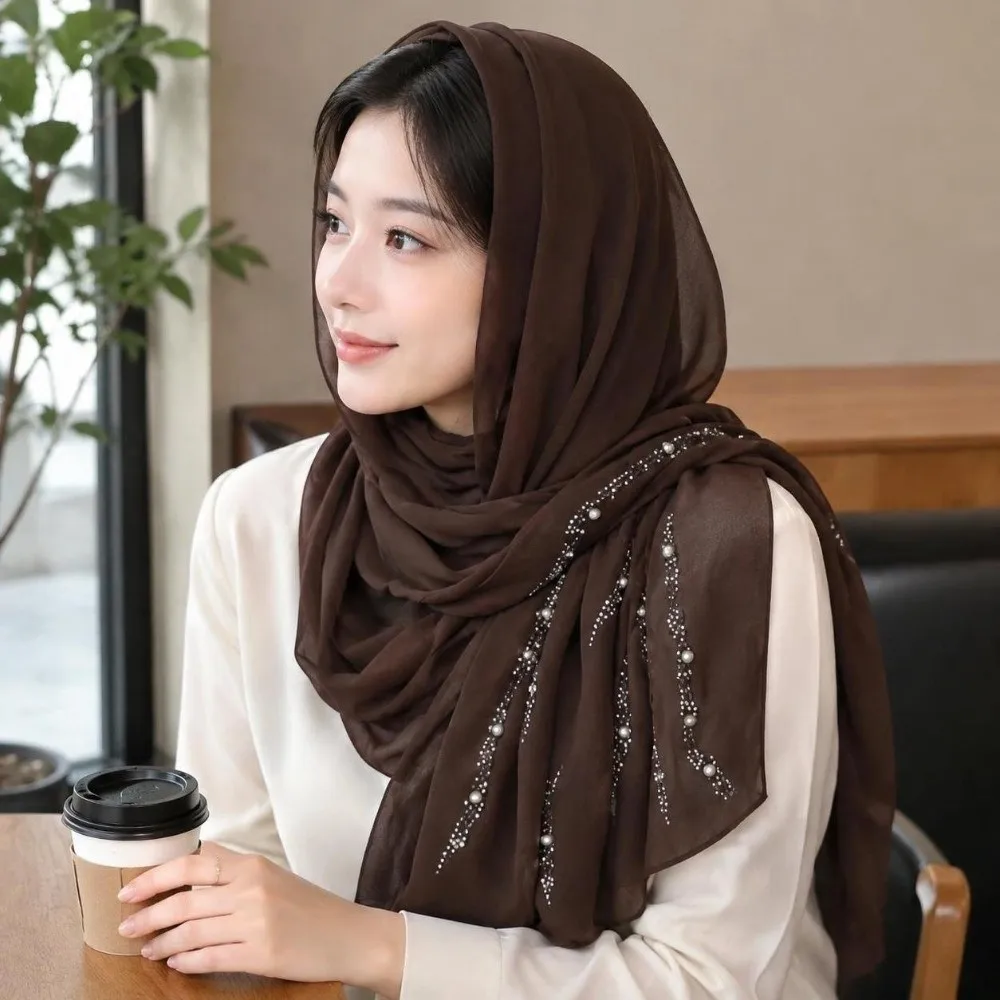 Rhinestone Imitation Pearl Chiffon Hijab Shimmer Beads Lightweight Malaysia Shawl Scarf Elegant Breathable Soft Head Wrap