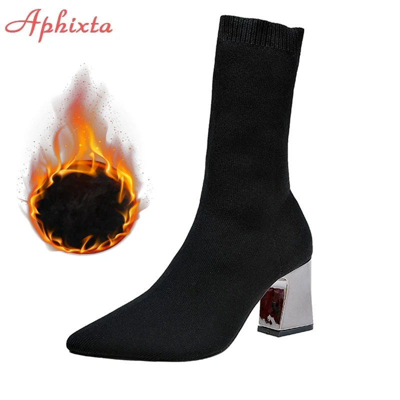 Aphixta-Botas de tacón cuadrado de 7cm para mujer, botines de tela elástica con punta estrecha, talla grande 43