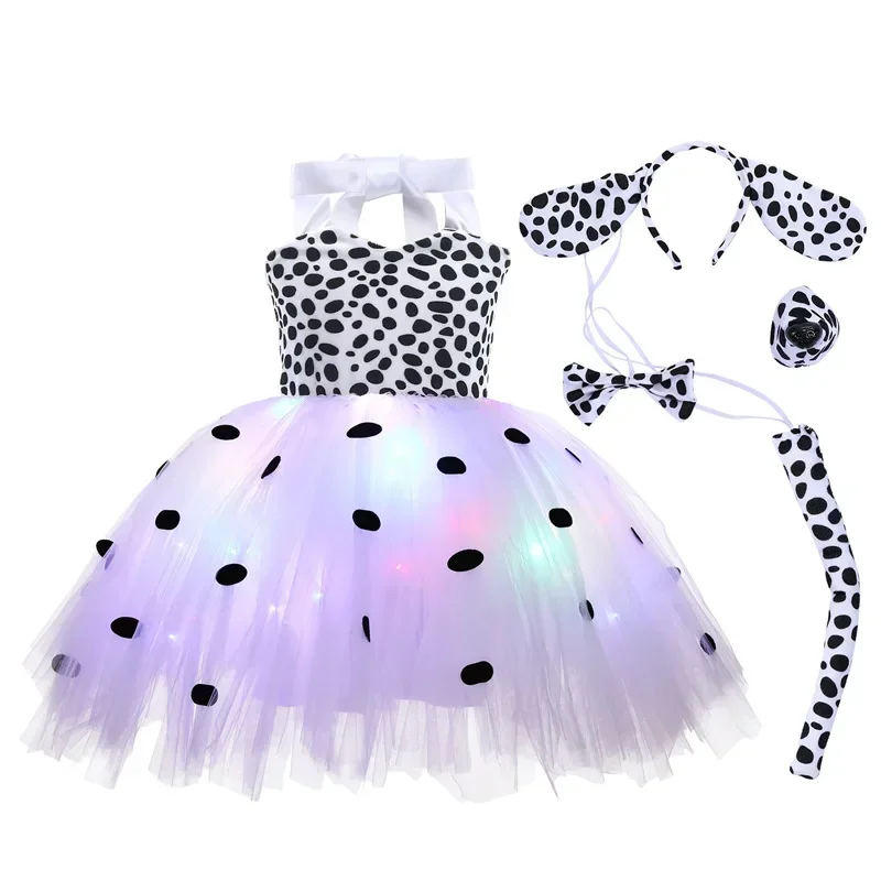 

Dalmatian Dog Tutu Dress for Animal Halloween Costume Spotted Toddler Puppy Dress Up with LED Outfit Birthday Party Dresses