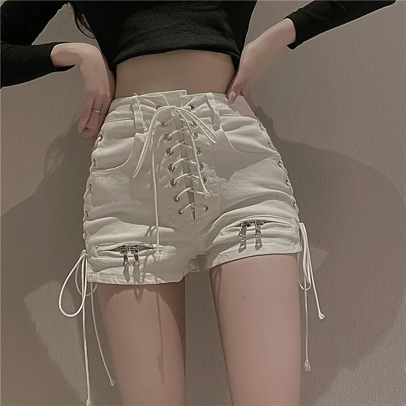 Bandage Sexy Denim Shorts Women Streetwear Gothic Jeans Mini High Waist Lace Up Casual Zip Black Goth Club Fashion 2021