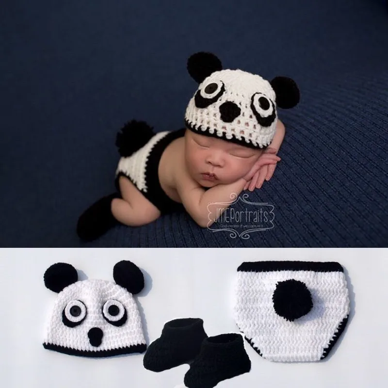 Hand Woven Baby Photography Costume Panda Three Piece Setbaby Photography Props Newborn Photography Aby Photography Props