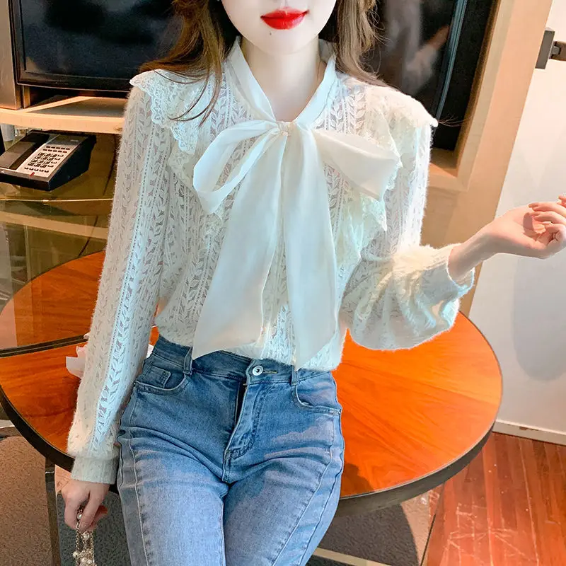 Autumn Winter New Female Scarf Collar Lace Shirt Solid Color Women\'s Clothing Fashion Casual Long Sleeve Ruffles Spliced Blouse