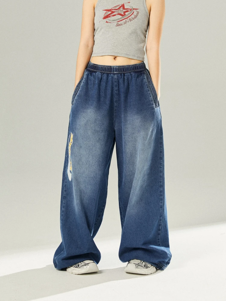 

Американский Sle Street Dance Jazz Dance Повседневные спортивные джинсы с высокой талией Широкие брюки Sea Side Star Свободные джинсовые джинсы