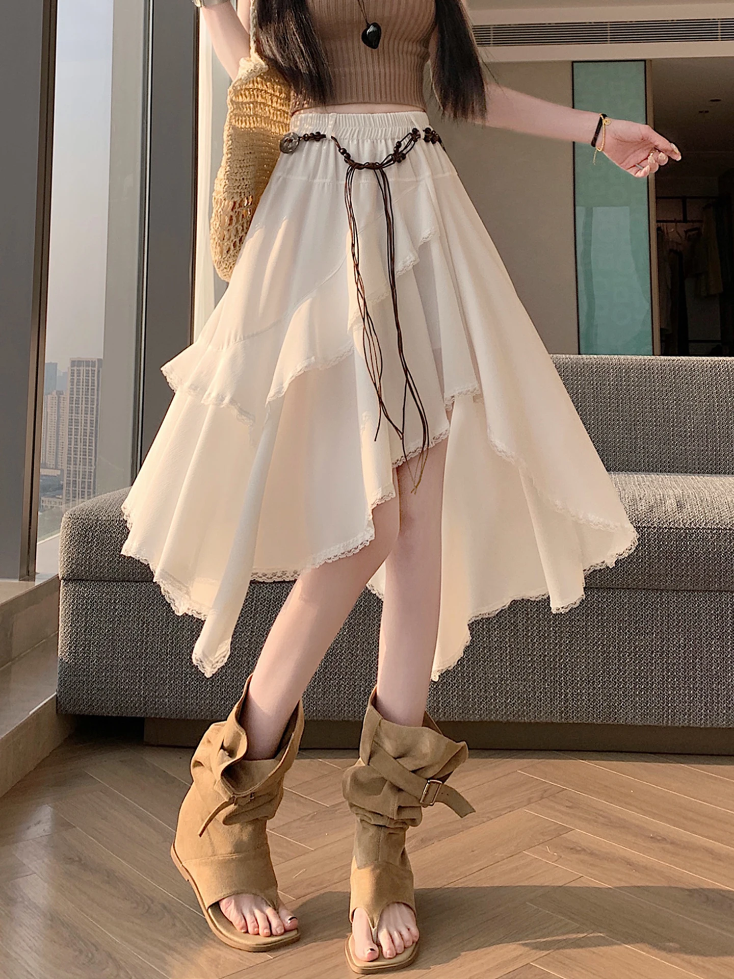 

Asymmetrical Hem Chiffon Pleated Skirt Women's Summer Small Size Elastic High Waist Slimming Lace Trim A-Line Midi Skirt