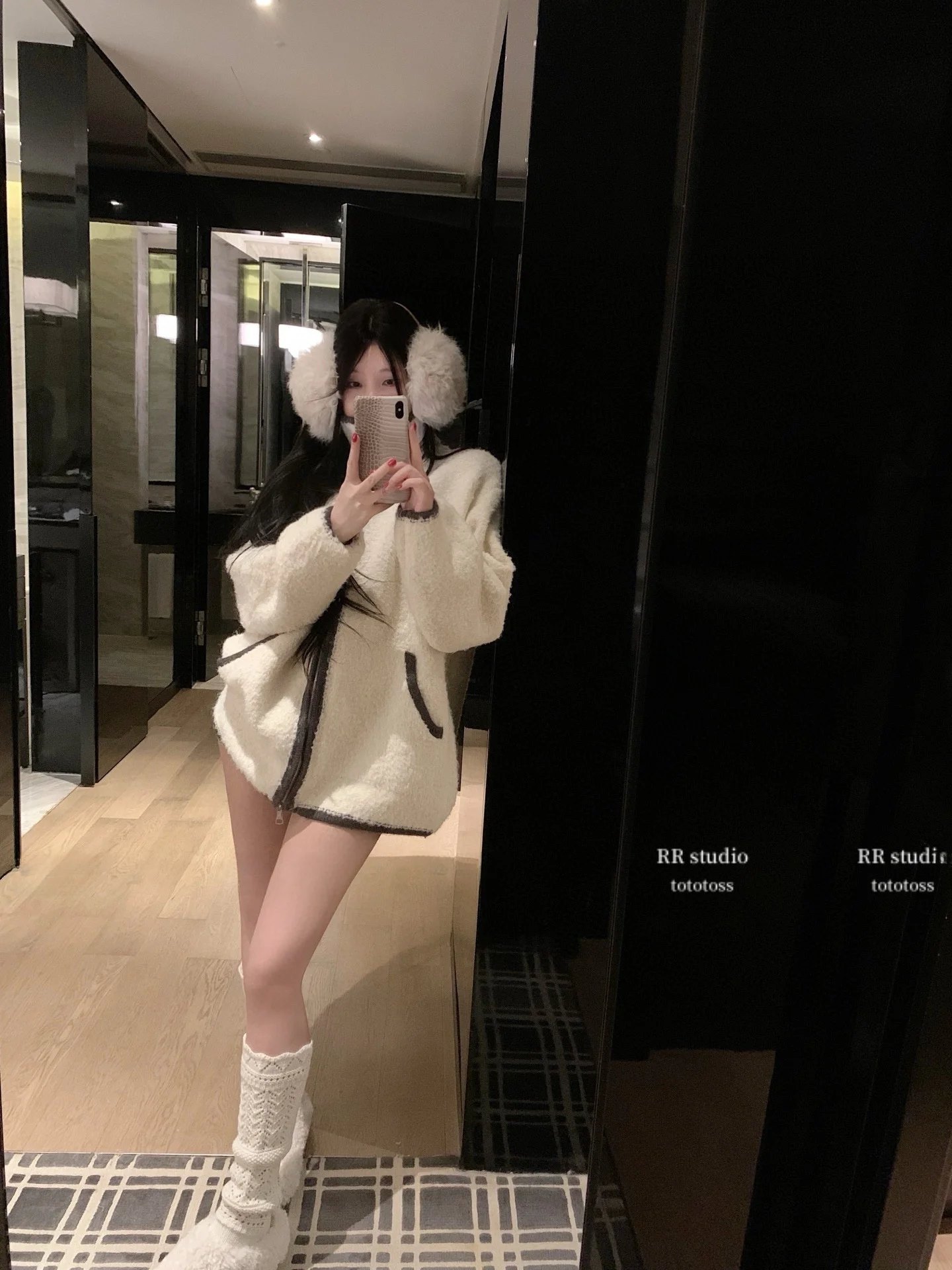 Heavy Embroidery Dog Plu Large Jaet Women's Lazy Sle Mid-Length Warm Stand Collar Top Thiened Long Sve Zipper