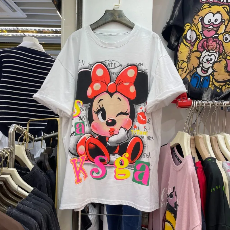 

2026 Spring Summer Plus Size Mickey Tee, Heavy Design Cartoon Print, Short Sleeve Loose Versatile Tops for 200kg Curvy Women
