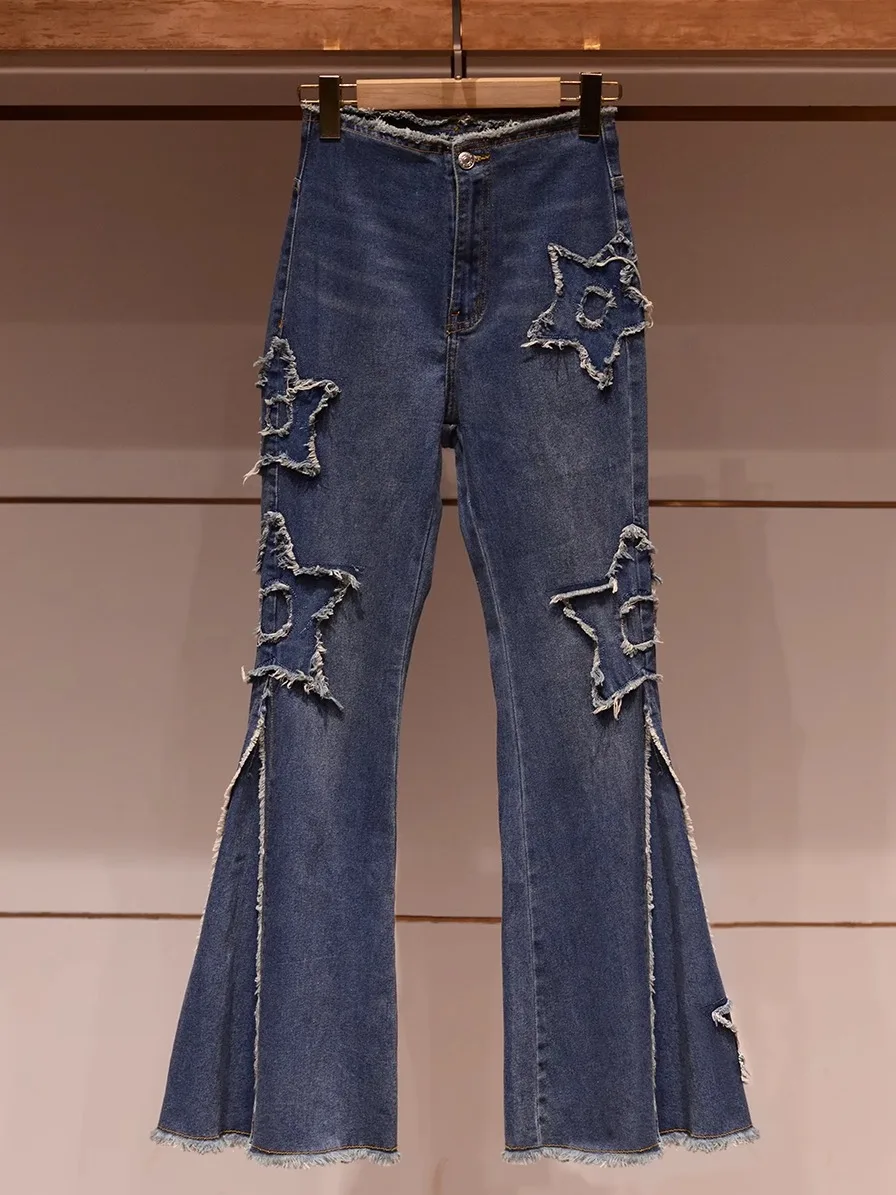 

Blue High Waist Bell Bot Jeans Women's Spring Summer New Design Sensation Frayed Hem Slimming Floor Length Trousers