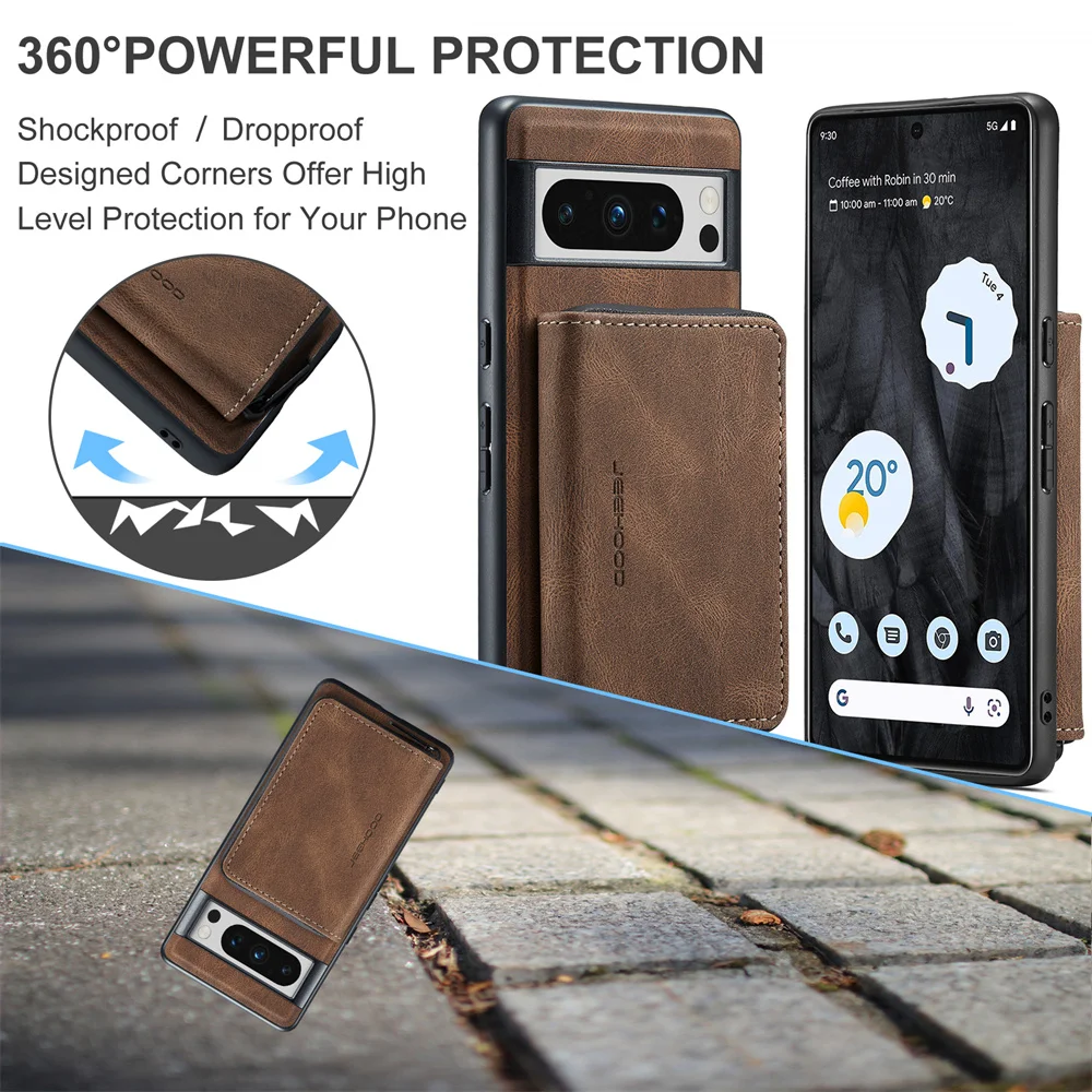JEEHOOD Luxury 2 in 1 Detachable Zipper Purse Card Bag Wallet Case for Google Pixel 9 Pro XL 6 6A 6 Pro 7 7A 8A 9A Leather Case