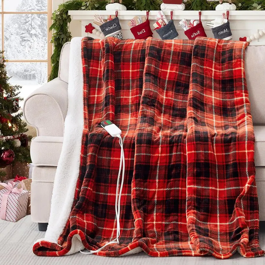 

Red Christmas Electric Heated Blanket 50x60, Fast Heated Throw with 8 Hours Auto Off 8 Heats Levels, Soft Plaid Sherpa with ETL