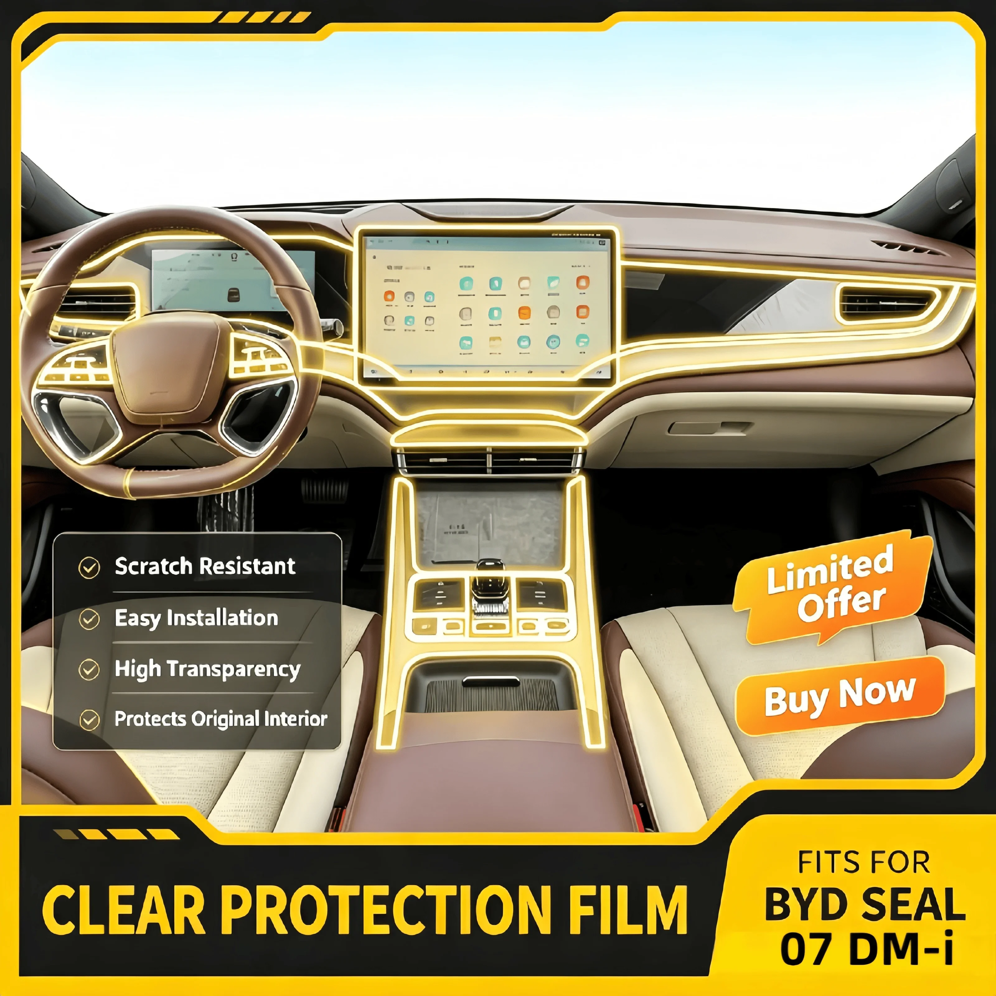 For 25 models BYD Seal 07 DM-i center console screen film interior car modification transparent anti-scratch protection film