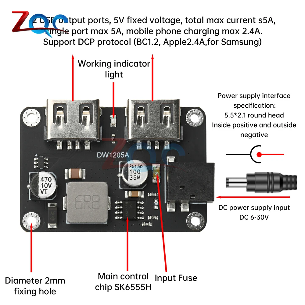

DC-DC Step-Down Module 9V/12V/24V to 5V5A Cell Phone Car USB Charger Dual USB Output with Case Fast Quick Charger Circuit Board